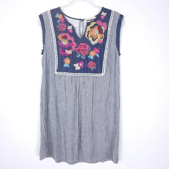 Savanna Jane Women’s Boho Floral Stripes Summer Shift Mini Dress Size M - Picture 8 of 9